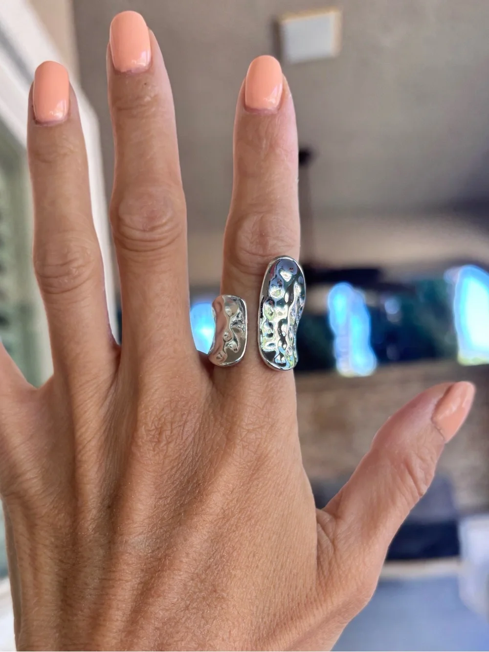 Silver Open Wrap Hammered Texture  Statement Ring Adjustable